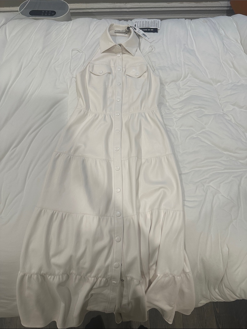 Alice and Olivia Sleeveless White Button-Front Maxi Dress with Collar